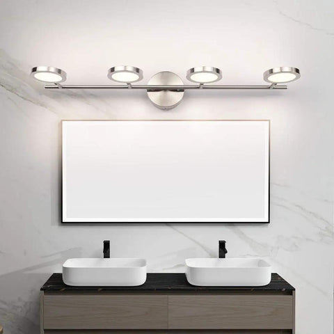 LED Bathroom Vanity Light Fixture With 4 Adjustable Swing Arm Heads 20W 4000K Daylight Nickel Finish mounted above double sinks