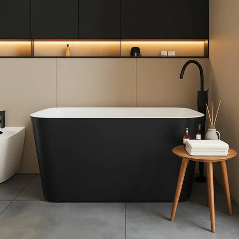 Premium Freestanding Acrylic Oval Soaking Bathtub 67 Inch Deep Soak Basin With Sleek Chrome Drain in modern bathroom setting.