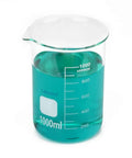 Borosilicate Glass Beaker Set With Graduated Griffin Low Form Beakers In Five Sizes 50 mL 100 mL 250 mL 500 mL And 1 L Pro Grade Lab Gear For Heating Mixing Dissolving And Real World Lab Projects with 1L beaker containing blue liquid