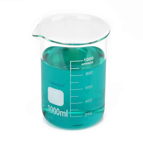 Borosilicate Glass Beaker Set With Graduated Griffin Low Form Beakers In Five Sizes 50 mL 100 mL 250 mL 500 mL And 1 L Pro Grade Lab Gear For Heating Mixing Dissolving And Real World Lab Projects with 1L beaker containing blue liquid