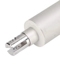 Heavy Duty 12V Tubular Electric Linear Actuator With Planetary Gear Reduction And Tough As Nails Aluminum Housing For IP67 Waterproof High Speed 200mm Stroke Operation end view showing aluminum housing and metal output shaft.