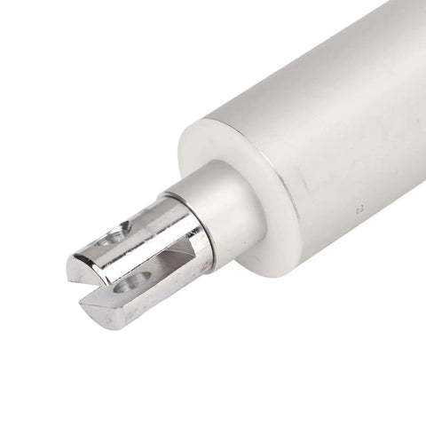 Heavy Duty 12V Tubular Electric Linear Actuator With Planetary Gear Reduction And Tough As Nails Aluminum Housing For IP67 Waterproof High Speed 200mm Stroke Operation end view showing aluminum housing and metal output shaft.