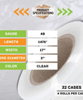 Product specifications for 128 Rolls Of 17 Inch Pre Stretch Shrink Wrap, 48 Gauge Clear Plastic Film including dimensions.