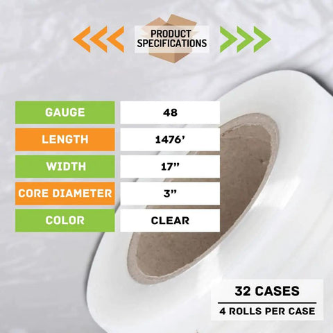 Product specifications for 128 Rolls Of 17 Inch Pre Stretch Shrink Wrap, 48 Gauge Clear Plastic Film including dimensions.