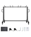 Front view of Heavy Duty Folding Chair Rack Cart For Event Spaces Haul 42 Chairs Or 12 Tables With 400 Lb Capacity Mobile Chair Storage Dolly Featuring Rubber Wheels And GrIPS Large Chair Holder Matte Black with accessories.