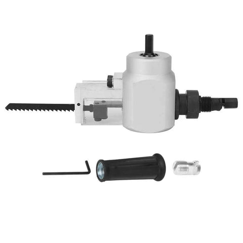 Double Head Nibblers Metal Cutter Sheet Nibbler Drill Attachment with saw blade and wrench, front view.
