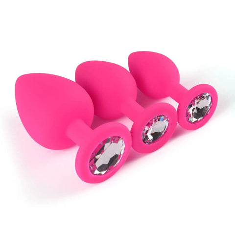3 Piece Silicone Jeweled Anal Butt Plug Set With 3 Sizes Beginner Anal Trainer Kit For Men And Women Pink Smooth Comfort Fit