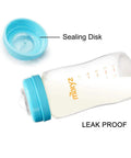 Six Pack Wide Neck Breast Milk Storage Bottles Eight Ounce with leak proof cap and sealing disk for secure milk storage.