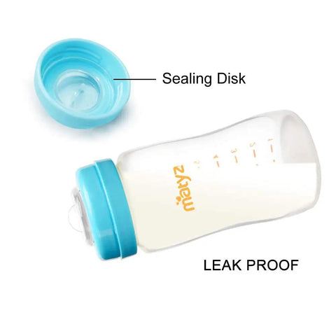 Six Pack Wide Neck Breast Milk Storage Bottles Eight Ounce with leak proof cap and sealing disk for secure milk storage.