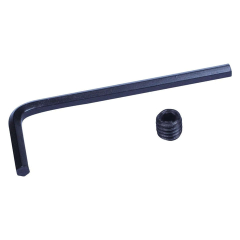 Blue metal L-shaped Allen wrench with a small threaded insert accessory.