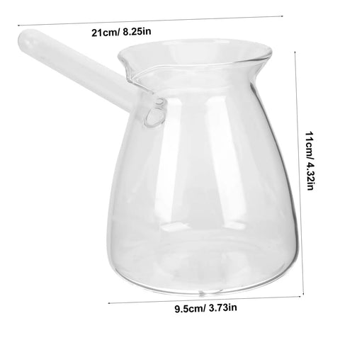 Side Handle Turkish Cezve Coffee Pot With Clear Glass Butter Pan High Borosilicate Heat Resistant Up To 100 Celsius V Shaped Outlet