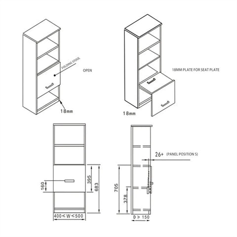 Diagram of shoe cabinet with folding stool, showing dimensions, Two Piece Concealed Folding Chair Stool Bracket Hinge For Shoe Cabinet Wardrobe Closet Furniture Hardware Durable Cold Rolled Steel