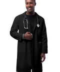 Sturdy Unisex Lab Coat, Classic 39 Inch Length, Pro Grade Medical Gear for Nurses and Doctors in black, front view.