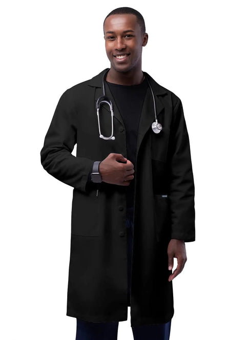 Sturdy Unisex Lab Coat, Classic 39 Inch Length, Pro Grade Medical Gear for Nurses and Doctors in black, front view.