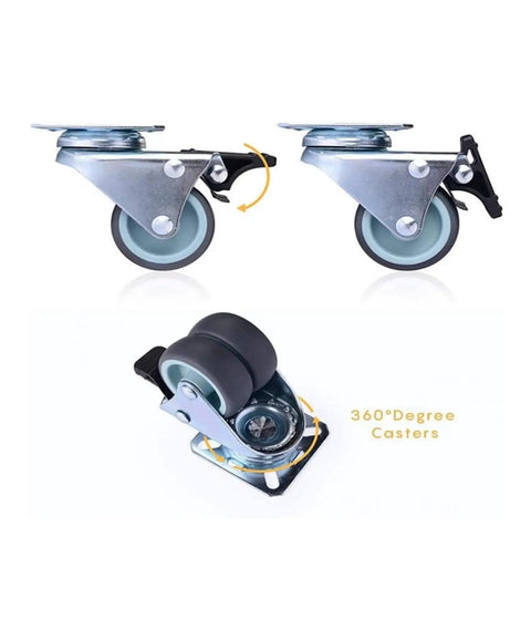 Pack Of 4 2-Inch Flat Double-Row Swivel Casters With Brakes Rubber Silent Wheels side view and 360-degree rotation