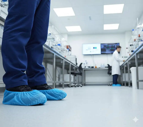Person wearing Disposable Boot And Shoe Covers 200 Pack Non Slip Durable for indoor use in cleanroom, breathable lightweight material.
