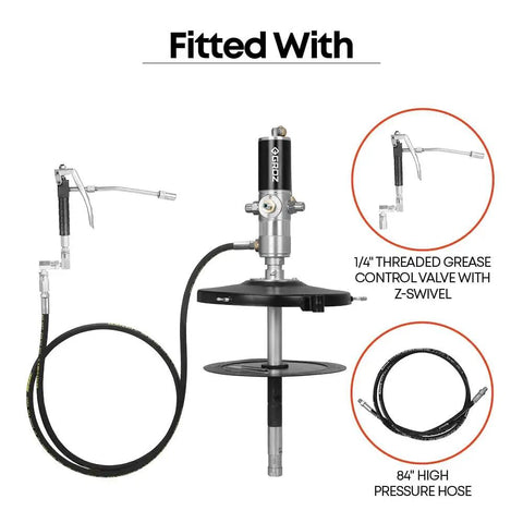 Air Operated Grease Pump Complete Kit For 5 Gallon Pails, features control valve and hose, with drum cover and follower plate