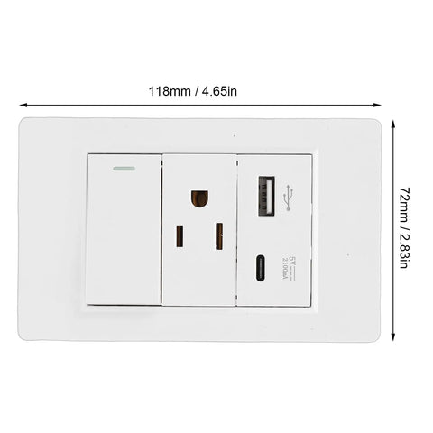 Heavy Duty Dual Wall Plate With Single Toggle 15 Amp Three Prong Receptacle Paired With Ten Watt Usb Charger Built To Survive The Daily Grind Ul Verified Heat Guard White - top view with dimensions.