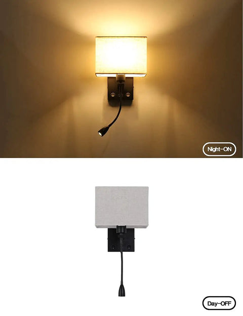 Plug In Black Wall Sconce With USB Port For Charging, Bedside Reading Lamp In Farmhouse Style, LED Wall Light, on and off view