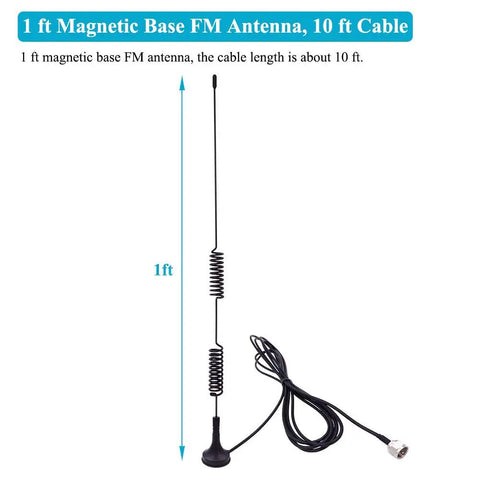 Universal FM Antenna With Magnetic Base 75 Ohm Screw F Male Plug PAL BNC 3 5mm Adapters And 75 To 300 Ohm Coax Cable For AV Receiver Indoor Home Theater Stereo, 1 ft antenna with 10 ft cable