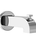Modern Single-Handle Tub and Shower Faucet in Chrome With Valve Included For An Easy Upgrade spout side view.