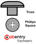 Diagram of wood screws with truss head, Phillips square drive, top and side view, by Cabentry.