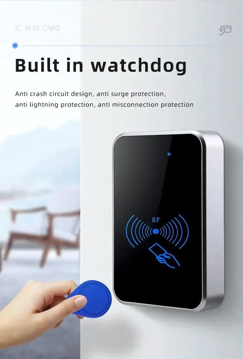 Waterproof Built Tough RFID NFC Card Reader 125KHz 13.56MHz Support RS485 Modbus RTU For Industrial PLC and Control Systems shown with hand using card