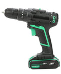 Professional Grade Heavy Duty Badass Cordless Drill 21V Electric Power Tool 45Nm Direction Reversible Switch US Plug 110V side view with battery.