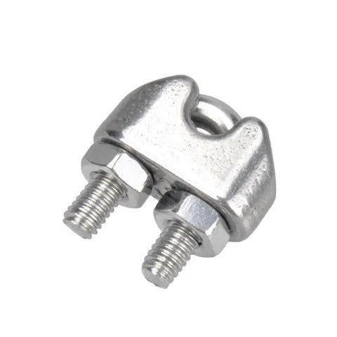 Close-up of a single unit from 20 Pack M3 Stainless Steel Wire Rope Cable Clip Clamps For One Eighth Inch Cables Rustproof And Waterproof