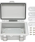 Open Grey Waterproof Outdoor Junction Box with Hinged Cover and Stainless Steel Latch, PVC Enclosure, IP67 Rated, 5.9 x 3.9 x 2.8 inch.
