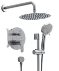 Shower Faucet System with 10-Inch Round Head and handheld shower in Brushed Nickel finish.