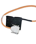 Kickass Linear Motor Delivering Heavy Hitting Thrust And Rock Solid Smooth Motion For Automation And Robotics Compact Space Saving Build For Easy Worktable Integration with a connector and orange cable.