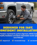 Mechanic installing wheel hub on truck, showcasing Front Wheel Bearing And Hub Assembly For Ford Explorer 2013 2019 Direct Fit Replacement Plug And Play Easy Install Durable OEM Grade Wheel Hub To Reduce Noise Vibration And Steering Play While Restoring Smooth Reliable Performance.