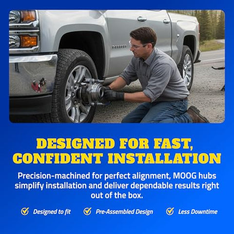 Mechanic installing Beefed Up Front Wheel Bearing And Hub Assembly For Chevrolet Silverado Truck Heavy Duty Hub Replacement