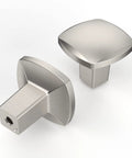 Brushed Satin Nickel Cabinet Knobs 10 Pack Square Design Zinc Hardware for Kitchen Cabinets Dressers and Drawers, shown in close-up view.