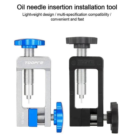 Bike Disc Brake Olive Connector And Needle Driver Kit, oil needle insertion tools in silver and black, shown with adjustment knobs.