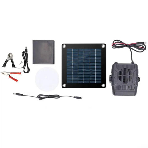 Rugged Portable Solar Heater For Dog Kennels Chicken Coops And Mini Greenhouses includes solar panel, battery, and blower components.