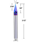 One Quarter Inch Shank 30 Degree V Groove Engraving Bit with blue NACO coating, 3 flute solid carbide CNC router bit for wood and plastic.