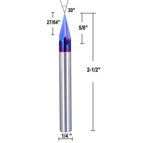 One Quarter Inch Shank 30 Degree V Groove Engraving Bit with blue NACO coating, 3 flute solid carbide CNC router bit for wood and plastic.