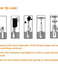 Diagram showing the use of a 6 Piece Damaged Screw Extractor Set for Stripped Bolts with Chrome Vanadium Hardened Steel Easy Out Remover Kit.