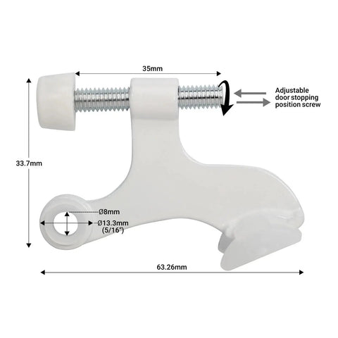 Diagram of Five Pack Heavy Duty Hinge Pin Door Stop in White showing dimensions and adjustable stopping screw