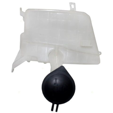 Direct-Fit Windshield Washer Reservoir Tank Assembly With Cap And Washer Pump Without Low Fluid Sensor for 2009-2013 Toyota Corolla and 2009-2012 Toyota Matrix Without Rear Wiper Aftermarket Replacement image showing front view with white plastic tank and black cap.