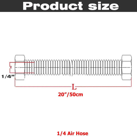Heavy Duty Air Compressor Jumper Hose 20 Inch Long With Quarter Inch NPT Male Connector dimensions illustration showing length and fitting size.