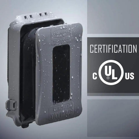 1-Gang Weatherproof In-Use Outlet Cover Expandable Nonmetallic Flat Mount 16 In 1 Design Versatile Vertical Or Horizontal Install Gray 1 Pack UL Listed For Wet And Damp Locations Quick Fit with UL certification displayed