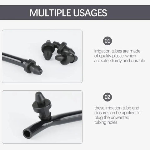 Killer Pro Grade 60 Piece Barbed End Plugs for Drip Irrigation Tubing shown in black UV-resistant plastic for multiple uses