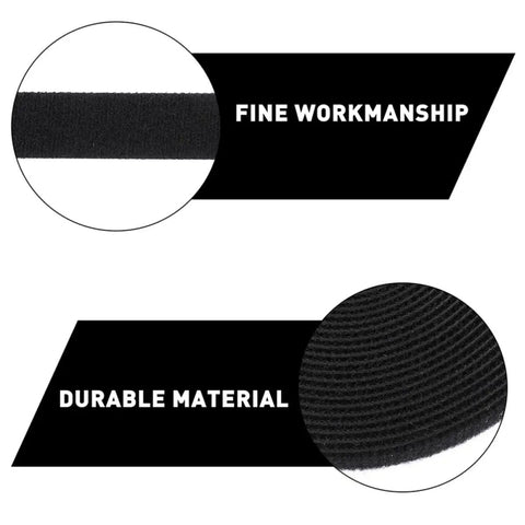 Close-up of two black reusable hook loop cable ties showcasing fine workmanship and durable material for cord management.