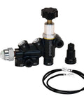 Wilwood proportioning valve, black metal body with top adjustment knob; multiple ports and two brake line hoses