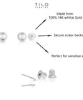 14K White Gold Ball Stud Earrings With Secure Screw Backs, Sleek 4Mm Dainty Hollow Spheres For Everyday Wear, Classic Minimal Jewelry That Elevates Casual Or Dressy Looks, Available In 3Mm To 8Mm Sizes. 4mm white gold ball studs with screw-back closure