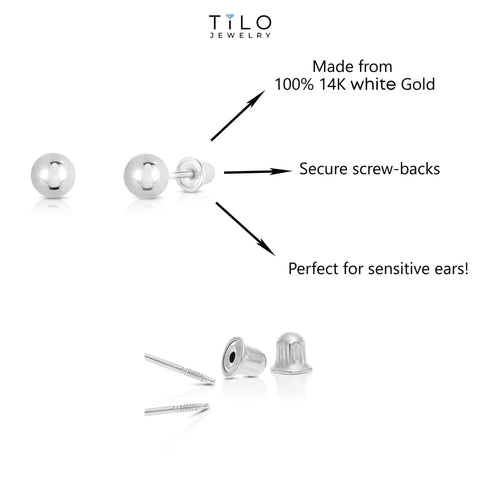 14K White Gold Ball Stud Earrings With Secure Screw Backs, Sleek 4Mm Dainty Hollow Spheres For Everyday Wear, Classic Minimal Jewelry That Elevates Casual Or Dressy Looks, Available In 3Mm To 8Mm Sizes. 4mm white gold ball studs with screw-back closure