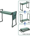 Garden Kneeler And Seat Foldable Heavy Duty Gardening Stool For Kneeling And Sitting To Prevent Knee And Back Pain With Padded Kneepads And Handy Tool Bag shown in seating, kneeling, and folded positions.